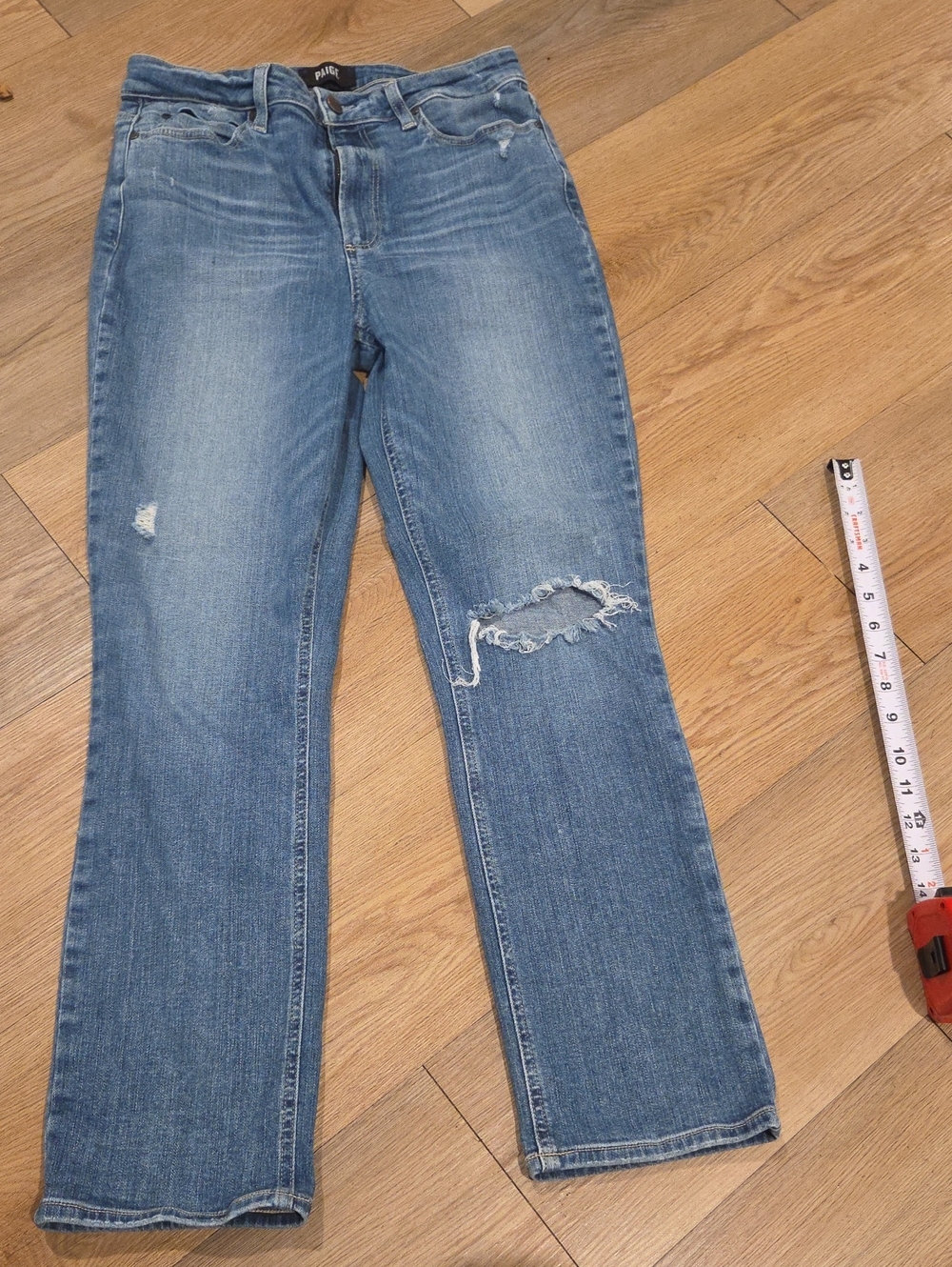 PAIGE Straight-Leg Jeans in Medium Blue with Knee Rip